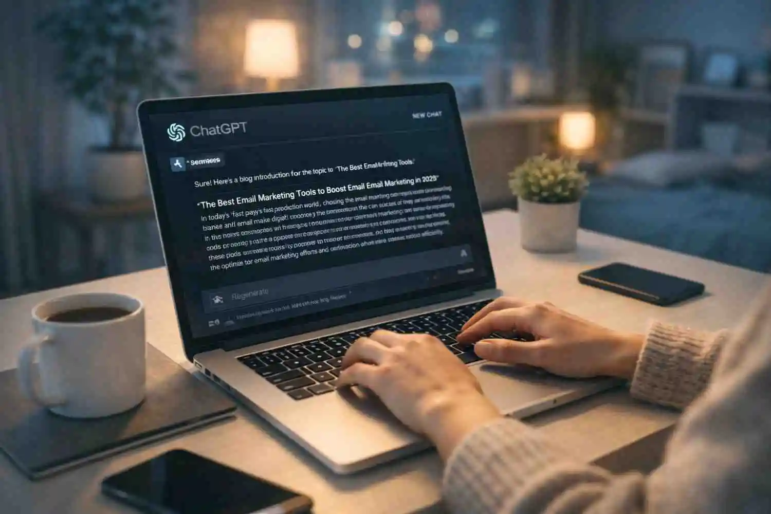 Person writing blog content on laptop using ChatGPT AI assistant in a modern workspace