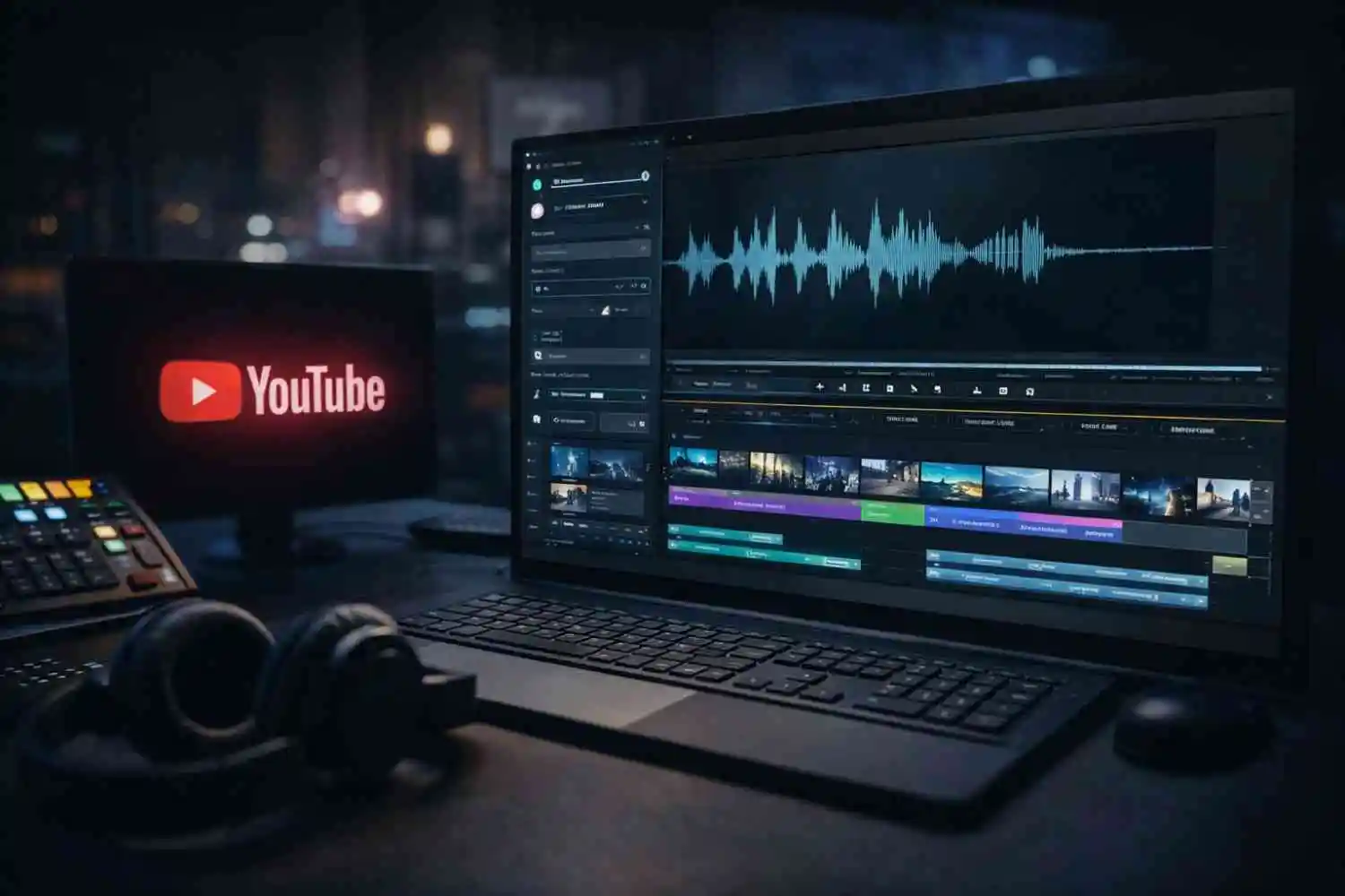 AI YouTube automation workspace showing video editing timeline and voiceover waveform for faceless video creation