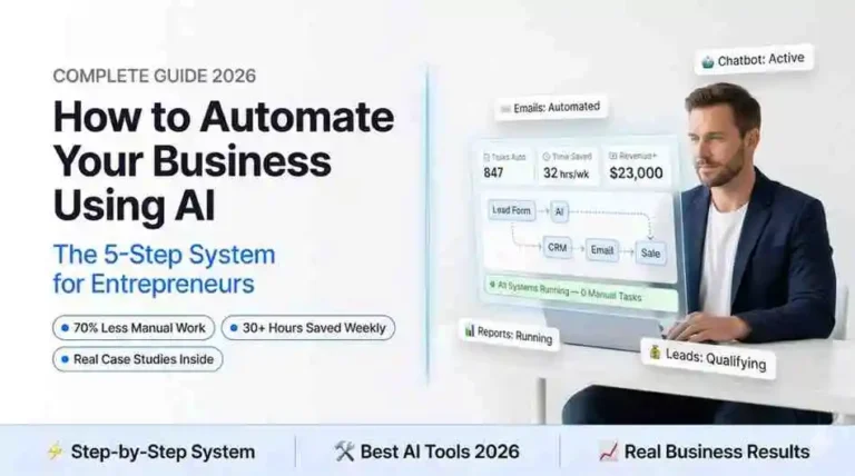 How to automate your business using AI — complete 2026 guide showing 5-step system with 70% less manual work, 30+ hours saved weekly, and real business results for entrepreneurs