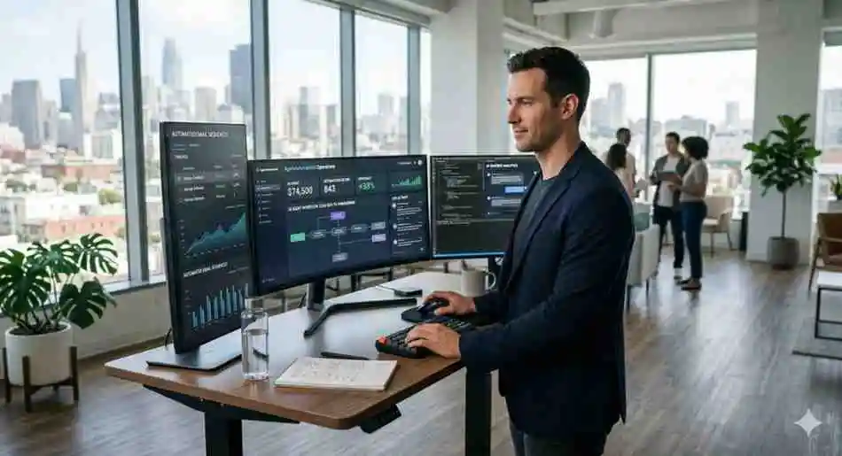 Entrepreneur using AI business automation dashboards on multiple screens in a modern USA startup office — how to automate business using AI