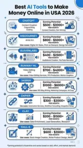 best AI tools to make money online — infographic showing 5 AI income paths with earning potential for beginners in USA 2026