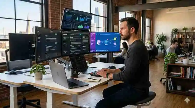 Entrepreneur using AI tools for entrepreneurs on multiple screens showing workflow automation and data dashboards in a USA startup office