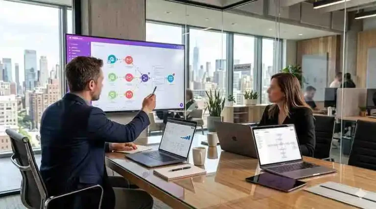 AI workflow automation services being explained by a consultant to a client in a modern USA business office with city skyline view