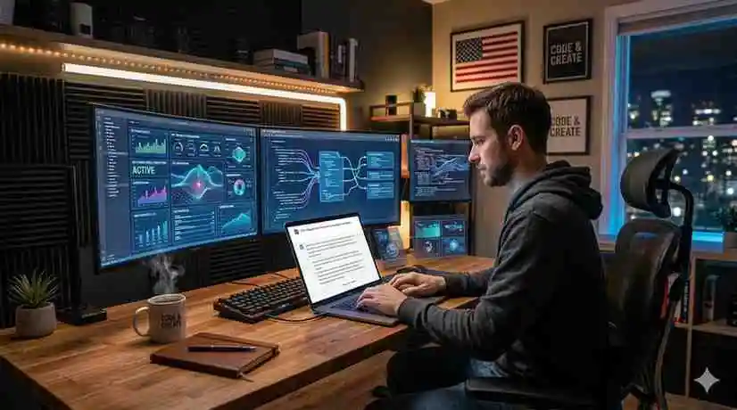 A professional freelancer workspace in the USA featuring multiple monitors, AI-powered dashboards, and a modern setup designed for productivity and efficient freelance work.