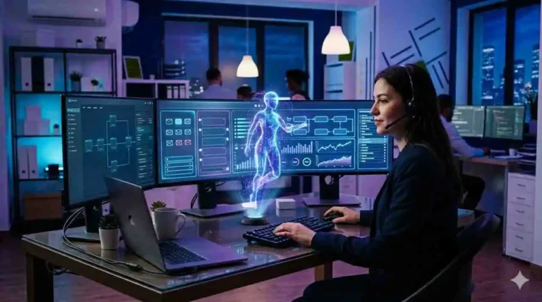 Business owner using AI agents for small business automation on multiple screens with futuristic dashboard